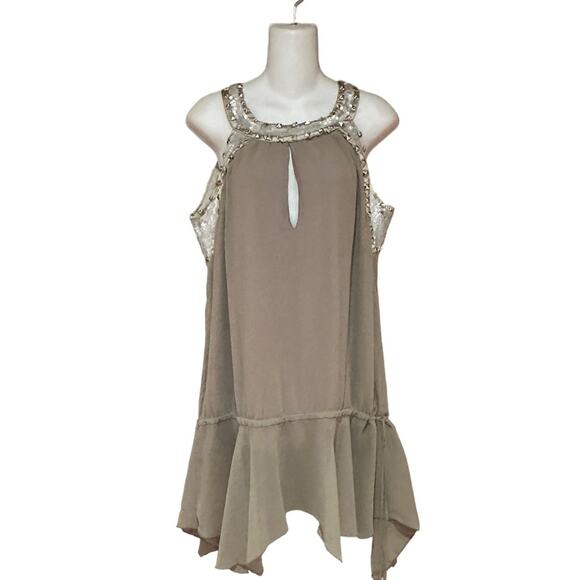 Boston Proper Taupe And Sequin Neck Tunic Tie Waist Top Womens Medium - Picture 1 of 8